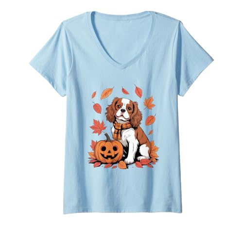 Damen King Charles Spaniel Lover Kürbis Herbst Thanksgiving T-Shirt mit V-Ausschnitt Damen King Charles Spaniel Lover Kürbis Herbst Thanksgiving T-Shirt mit V-Ausschnitt von Dog Lover Pumpkin Vibes