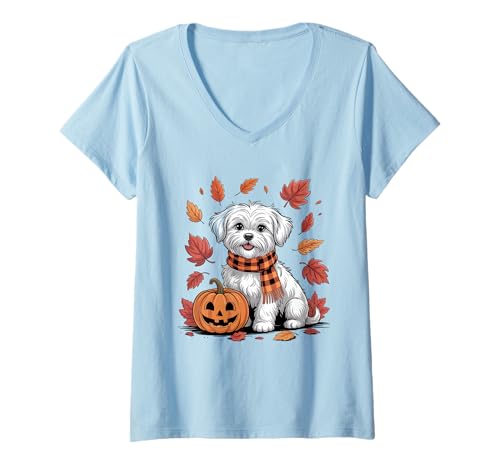 Damen Malteser Hundeliebhaber Kürbis Herbst Thanksgiving T-Shirt mit V-Ausschnitt Damen Malteser Hundeliebhaber Kürbis Herbst Thanksgiving T-Shirt mit V-Ausschnitt von Dog Lover Pumpkin Vibes