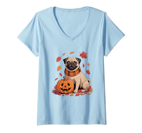 Damen Mops Hundeliebhaber Kürbis Herbst Thanksgiving T-Shirt mit V-Ausschnitt von Dog Lover Pumpkin Vibes