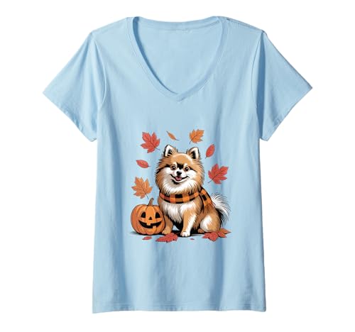Damen Pommerscher Liebeshund, Kürbis, Herbst, Erntedankfest T-Shirt mit V-Ausschnitt Damen Pommerscher Liebeshund, Kürbis, Herbst, Erntedankfest T-Shirt mit V-Ausschnitt von Dog Lover Pumpkin Vibes