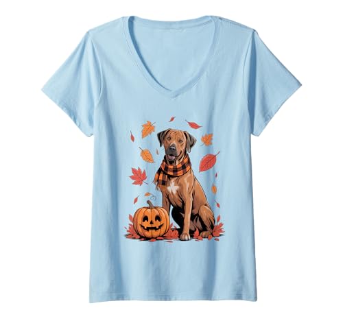 Damen Rhodesian Ridgeback Lover Kürbis Herbst Thanksgiving T-Shirt mit V-Ausschnitt Damen Rhodesian Ridgeback Lover Kürbis Herbst Thanksgiving T-Shirt mit V-Ausschnitt von Dog Lover Pumpkin Vibes