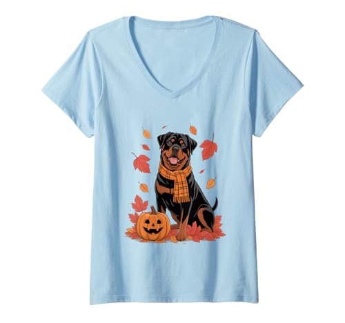 Damen Rottweiler Hundeliebhaber Kürbis Herbst Thanksgiving T-Shirt mit V-Ausschnitt von Dog Lover Pumpkin Vibes