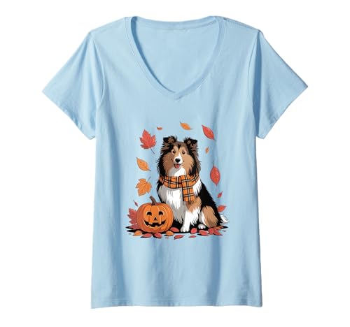 Damen Shetland Sheepdog Lover Hund Kürbis Herbst Thanksgiving T-Shirt mit V-Ausschnitt von Dog Lover Pumpkin Vibes