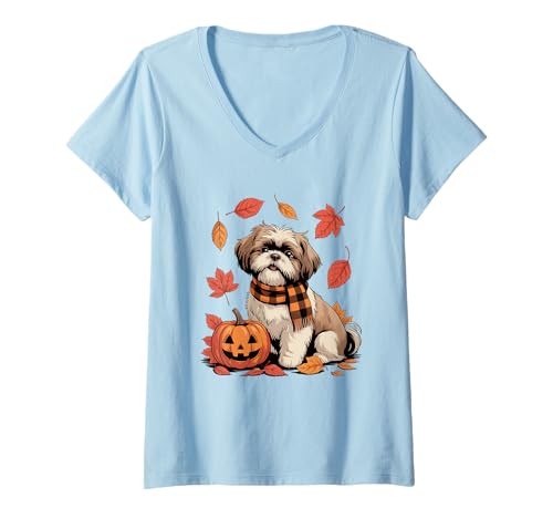 Damen Shih Tzu Hundeliebhaber Kürbis Herbst Thanksgiving T-Shirt mit V-Ausschnitt Damen Shih Tzu Hundeliebhaber Kürbis Herbst Thanksgiving T-Shirt mit V-Ausschnitt von Dog Lover Pumpkin Vibes