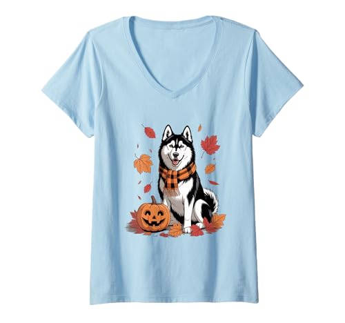 Damen Sibirischer Husky Hundeliebhaber Kürbis Herbst Thanksgiving T-Shirt mit V-Ausschnitt Damen Sibirischer Husky Hundeliebhaber Kürbis Herbst Thanksgiving T-Shirt mit V-Ausschnitt von Dog Lover Pumpkin Vibes