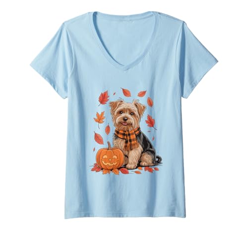 Damen Yorkshire Terrier Hundeliebhaber Kürbis Herbst Thanksgiving T-Shirt mit V-Ausschnitt Damen Yorkshire Terrier Hundeliebhaber Kürbis Herbst Thanksgiving T-Shirt mit V-Ausschnitt von Dog Lover Pumpkin Vibes