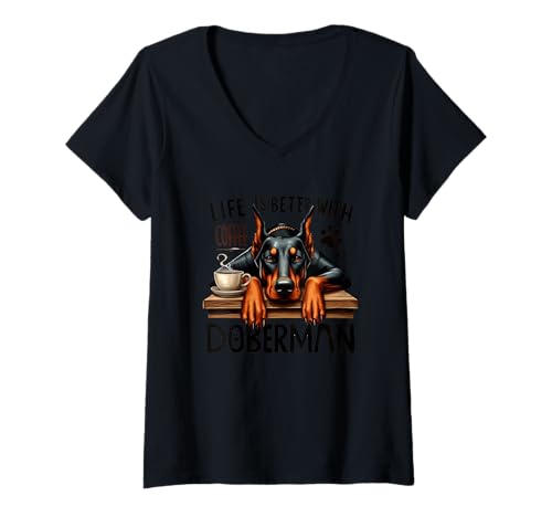 Damen Das Leben ist Besser mit Coffee Doberman T-Shirt mit V-Ausschnitt Damen Das Leben ist Besser mit Coffee Doberman T-Shirt mit V-Ausschnitt von Dog Lovers Coffee Enthusiasts Community