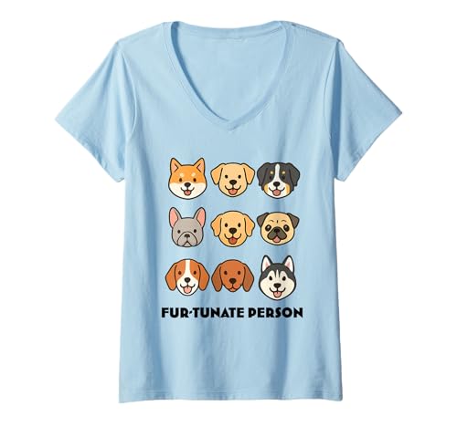 Damen Niedliche Cartoon-Hundegesichter lustige Welpenliebhaber, Hunde T-Shirt mit V-Ausschnitt von Dog Lovers Funny Merch