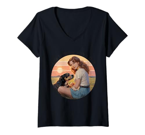 Damen Life is Better with A Dog Vintage Sunset Dog Mom-Szene T-Shirt mit V-Ausschnitt von Dog Lovers Retro Sunset Pet Parent