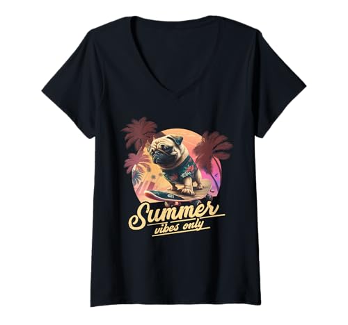 Damen Mops und Hundeliebhaber, lustiger Playboy-Mops für den Urlaub T-Shirt mit V-Ausschnitt von Dog Loves Tee
