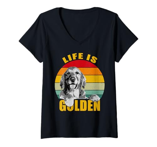 Damen Retro Golden Retriever Lustiger Hund T-Shirt mit V-Ausschnitt von Dog Loving Golden Retriever Puppy Owner Apparel