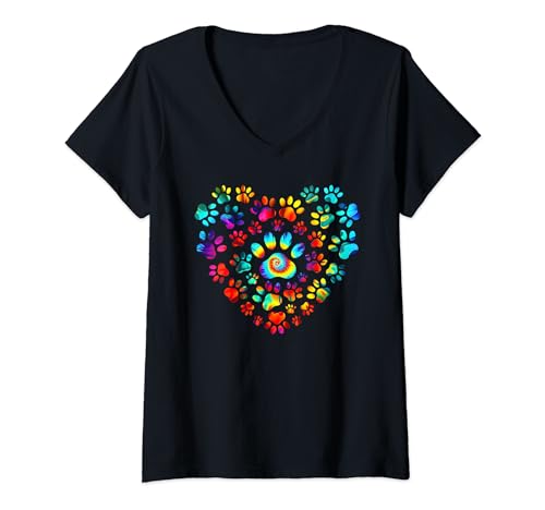 Damen Tie Dye Love Dogs Paw Print Heart Animal Lover T-Shirt mit V-Ausschnitt von Dog Mom Dad Love Dogs Paw Print Heart Tie Dye