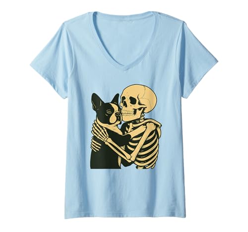 Damen Skelett und Boston Terrier Hundebesitzer Halloween T-Shirt mit V-Ausschnitt Damen Skelett und Boston Terrier Hundebesitzer Halloween T-Shirt mit V-Ausschnitt von Dog Mom and Dog Dad Designs