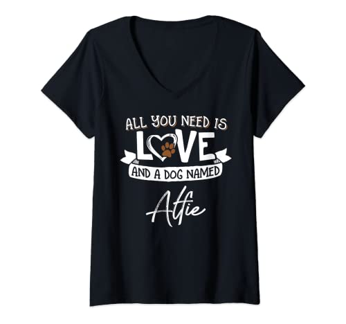 Damen Niedliches Hundemotiv mit Namen Alfie-Design für Damen und Herren T-Shirt mit V-Ausschnitt von Dog Named Alfie