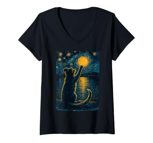 Damen Black Dogs Lover Starry Night Vincent Van Gogh Hundemalerei T-Shirt mit V-Ausschnitt von Dog Painting Art Starry Night Dog Vincent Van Gogh