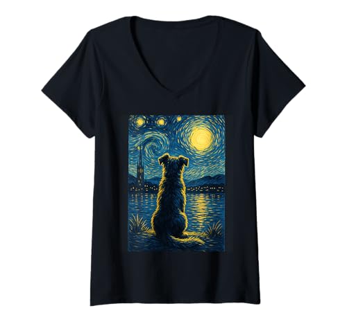 Damen Black Dogs Lover Starry Night Vincent Van Gogh Hundemalerei T-Shirt mit V-Ausschnitt von Dog Painting Art Starry Night Dog Vincent Van Gogh