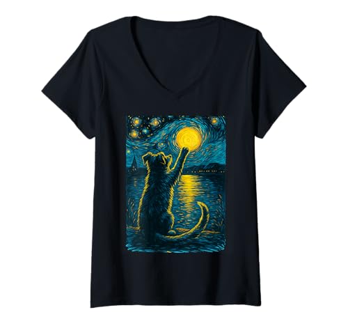Damen Black Dogs Lover Starry Night Vincent Van Gogh Hundemalerei T-Shirt mit V-Ausschnitt von Dog Painting Art Starry Night Dog Vincent Van Gogh