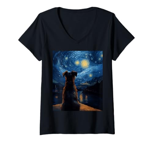 Damen Hund Kunst Malerei Vincent Van Gogh Sternennacht Hund Lustiger Hund T-Shirt mit V-Ausschnitt von Dog Painting Art Starry Night Dog Vincent Van Gogh
