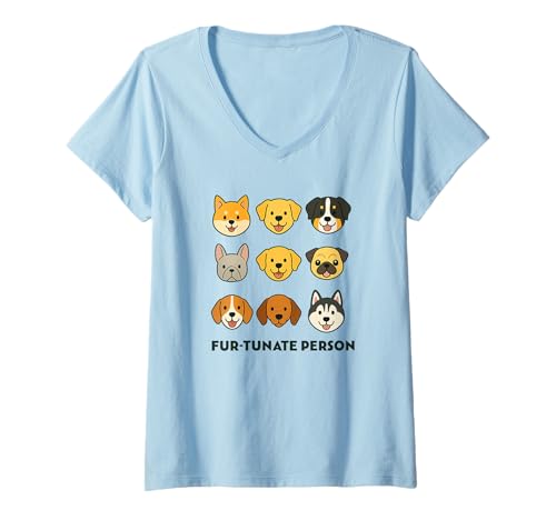 Damen Fell-Tunate, Furtunate Person Hundebekleidung, Hunde-Wortspiel Grafik T-Shirt mit V-Ausschnitt von Dog Parent Pun Designs