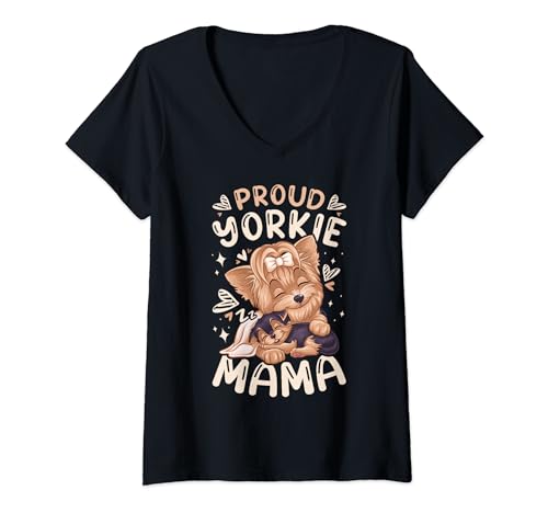 Damen Beste Yorkie Mama, Yorkshire Terrier Mutter mit Welpe T-Shirt mit V-Ausschnitt von Dog Parents Gift Ideas by Conreo