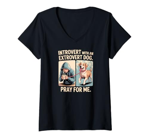 Damen Introvertierter Hundebesitzer Extrovertierter Hund Lustiger Comic T-Shirt mit V-Ausschnitt von Dog Park Introvert Apparel Gifts by Anastasia