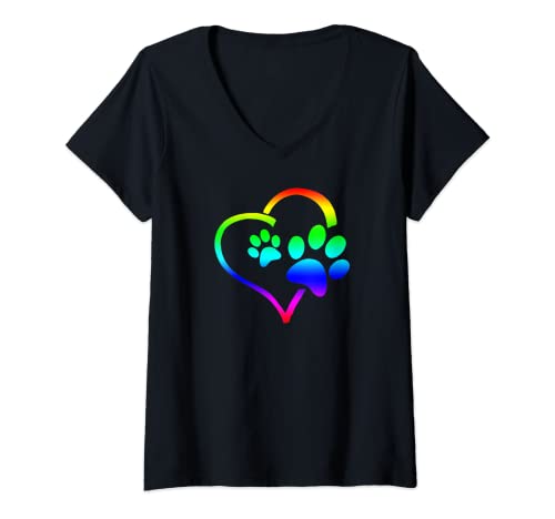 Damen Dog Mom Cute Dog Paw Print Heart Pet T-Shirt mit V-Ausschnitt von Dog Paw Print Mom MySoulBag