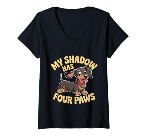 Damen Mein Schatten hat Vier Pfoten Lustiges Meme für Hundeliebhaber Meine Schattenpfoten T-Shirt mit V-Ausschnitt Damen Mein Schatten hat Vier Pfoten Lustiges Meme für Hundeliebhaber Meine Schattenpfoten T-Shirt mit V-Ausschnitt von Dog Paws My Shadow Has Four Legs and a Tail Shirt
