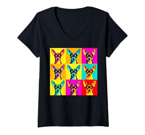 Damen Chihuahua Pop Art bunter Retro-Hund T-Shirt mit V-Ausschnitt Damen Chihuahua Pop Art bunter Retro-Hund T-Shirt mit V-Ausschnitt von Dog Pop Art Collective