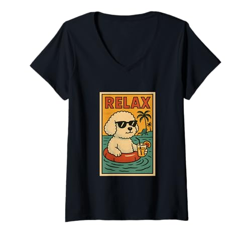 Damen Bichon Entspannende Entspannung im Comicbuch-Stil T-Shirt mit V-Ausschnitt von Dog Pop Art Store