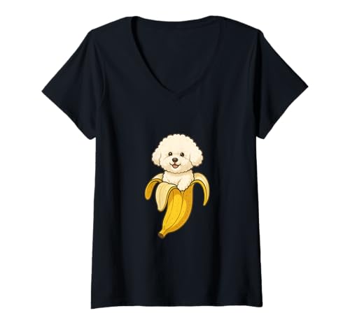Damen Bichon Frisé in einer Banane lustig T-Shirt mit V-Ausschnitt von Dog Pop Art Store