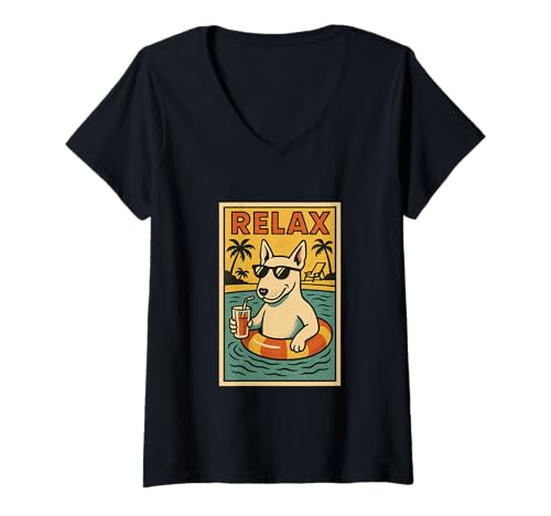 Damen Bull Terrier Entspannend Relax im Comic-Stil T-Shirt mit V-Ausschnitt von Dog Pop Art Store