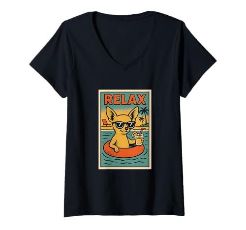 Damen Chihuahua Relaxing Cool Dog im Comicbuch-Stil Relax T-Shirt mit V-Ausschnitt von Dog Pop Art Store