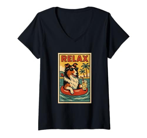 Damen Collie Relaxing Cooler Hund im Comicbuch-Stil Relax T-Shirt mit V-Ausschnitt von Dog Pop Art Store