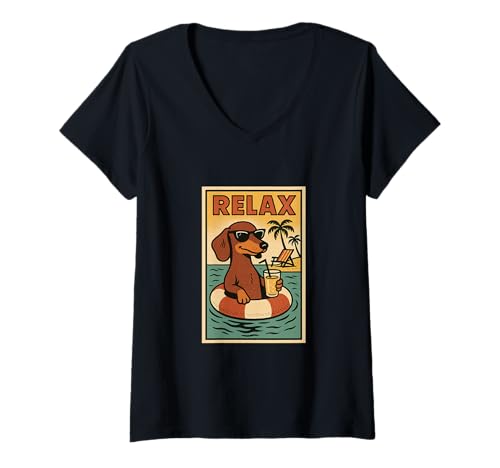 Damen Dackel Relaxing Cool Dog Comic Book Style Relax T-Shirt mit V-Ausschnitt Damen Dackel Relaxing Cool Dog Comic Book Style Relax T-Shirt mit V-Ausschnitt von Dog Pop Art Store
