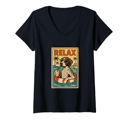 Damen Deutsch Kurzhaar Relaxing Comic Book Style Relax T-Shirt mit V-Ausschnitt von Dog Pop Art Store