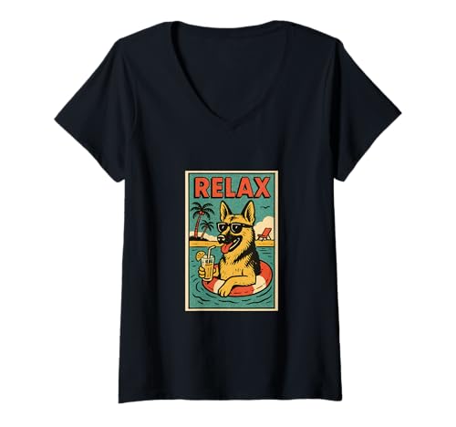 Damen Deutscher Schäferhund Relaxing Cool Dog Comic Book Style Relax T-Shirt mit V-Ausschnitt Damen Deutscher Schäferhund Relaxing Cool Dog Comic Book Style Relax T-Shirt mit V-Ausschnitt von Dog Pop Art Store