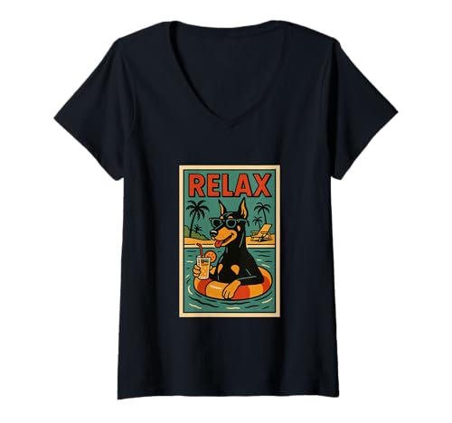 Damen Dobermann Entspannt euch im Comic-Stil T-Shirt mit V-Ausschnitt von Dog Pop Art Store