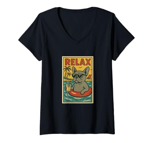 Damen Französische Bulldogge Relaxing Comic Book Style Frenchie Relax T-Shirt mit V-Ausschnitt Damen Französische Bulldogge Relaxing Comic Book Style Frenchie Relax T-Shirt mit V-Ausschnitt von Dog Pop Art Store