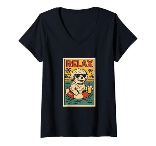 Damen Havaneser Hund Relaxing Cool Comic Book Style Relax T-Shirt mit V-Ausschnitt von Dog Pop Art Store