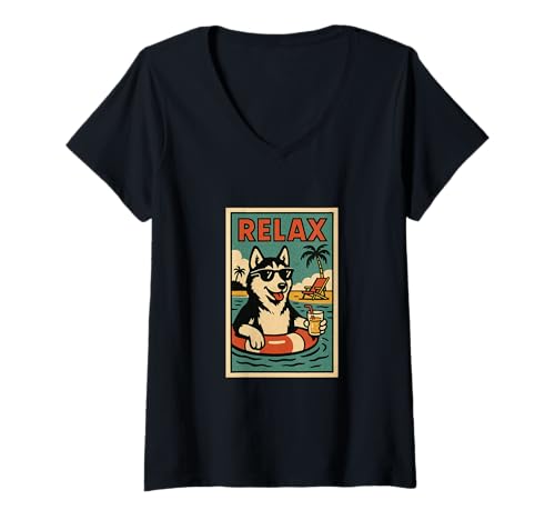 Damen Husky Relaxing Dog im Comicbuch-Stil Relax Siberian Husky T-Shirt mit V-Ausschnitt von Dog Pop Art Store