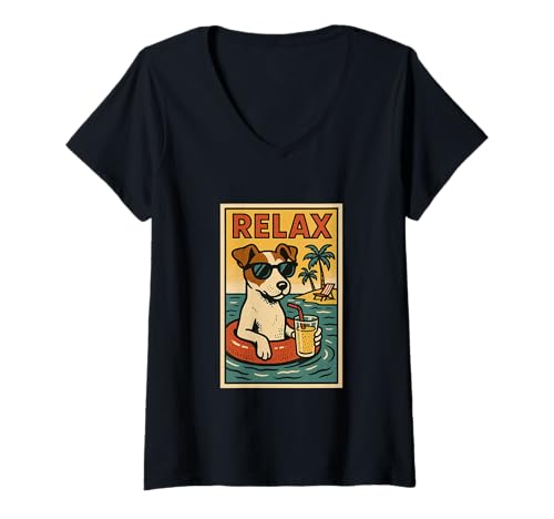 Damen Jack Russell Terrier Entspannende Entspannung im Comic-Stil T-Shirt mit V-Ausschnitt Damen Jack Russell Terrier Entspannende Entspannung im Comic-Stil T-Shirt mit V-Ausschnitt von Dog Pop Art Store