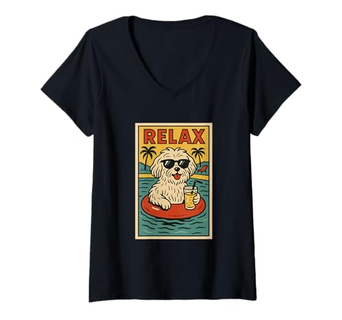 Damen Malteser Hund Relaxing Cool Comic Book Style Relax T-Shirt mit V-Ausschnitt Damen Malteser Hund Relaxing Cool Comic Book Style Relax T-Shirt mit V-Ausschnitt von Dog Pop Art Store