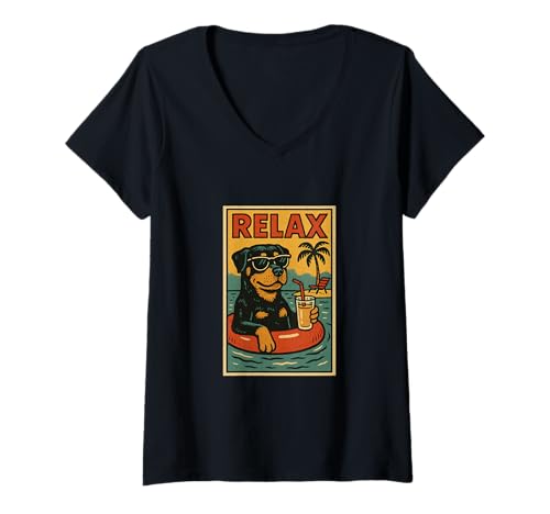 Damen Rottweiler Relaxing Cooler Hund im Comicbuch-Stil Relax T-Shirt mit V-Ausschnitt von Dog Pop Art Store