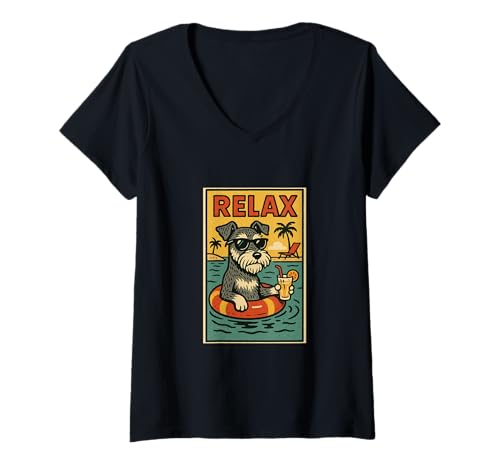 Damen Schnauzer Hund Relaxing Cool Comic Book Style Relax T-Shirt mit V-Ausschnitt Damen Schnauzer Hund Relaxing Cool Comic Book Style Relax T-Shirt mit V-Ausschnitt von Dog Pop Art Store