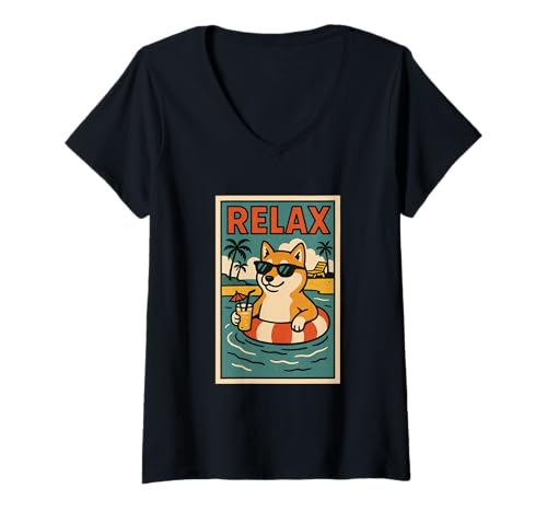 Damen Shiba Inu Relaxing Cooler Hund im Comicbuch-Stil Relax T-Shirt mit V-Ausschnitt von Dog Pop Art Store
