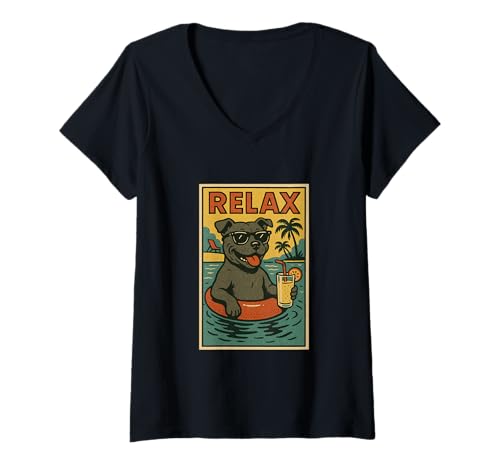 Damen Staffordshire Bull Terrier Entspannende Entspannung im Comic-Stil T-Shirt mit V-Ausschnitt von Dog Pop Art Store