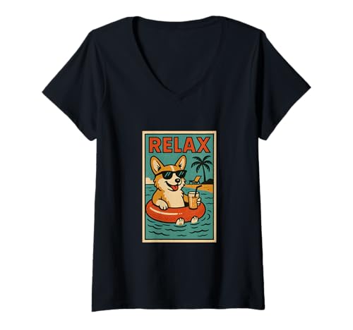 Damen Welsh Corgi Relaxing Cooler Hund im Comicbuch-Stil, Relax T-Shirt mit V-Ausschnitt Damen Welsh Corgi Relaxing Cooler Hund im Comicbuch-Stil, Relax T-Shirt mit V-Ausschnitt von Dog Pop Art Store