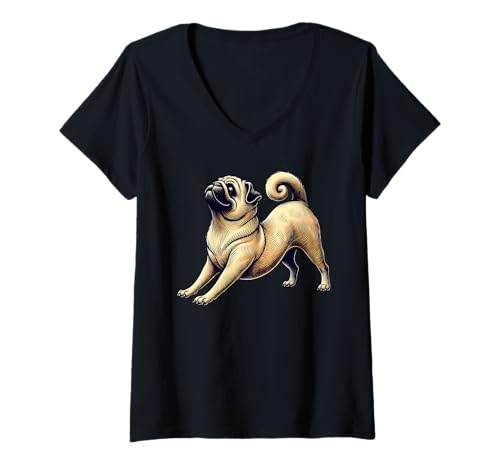 Damen Dog Pug Yoga Pose T-Shirt mit V-Ausschnitt von Dog Pug Yoga Apparel