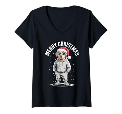 Damen Labrador Hund in Sonnenbrille Cool Christmas T-Shirt mit V-Ausschnitt Damen Labrador Hund in Sonnenbrille Cool Christmas T-Shirt mit V-Ausschnitt von Dog Santa Christmas Pajamas