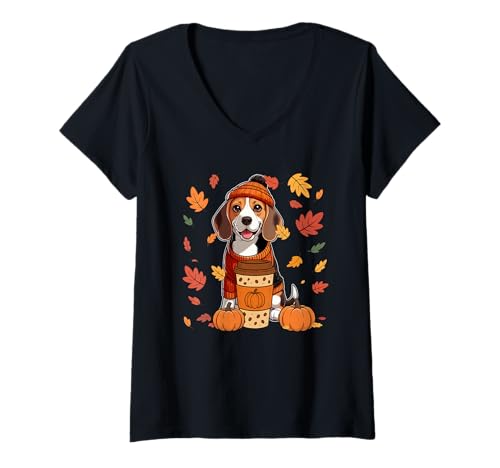 Damen Beagles tragen Pullover Kaffee Thanksgiving Herbst Besitzer T-Shirt mit V-Ausschnitt von Dog Thanksgiving Costume